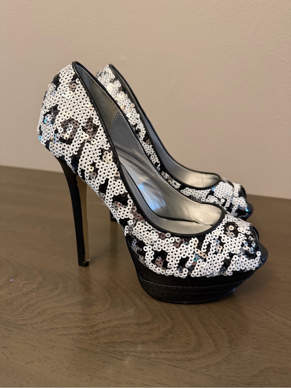 Shoe Dazzle Black & White Sequined Peep-Toe Platform Heels